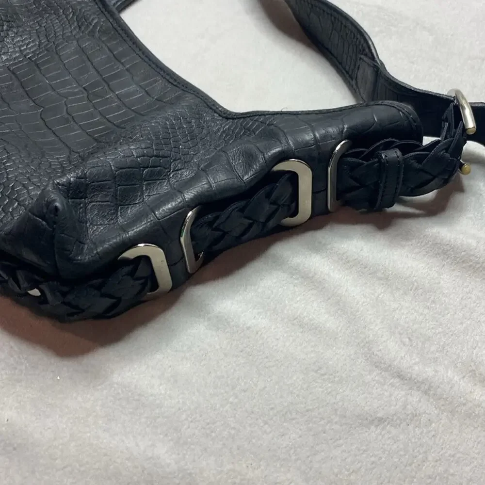 Stuart Weitzman Black Crocodile-Embossed Leather Hobo Bag Silver Hardware